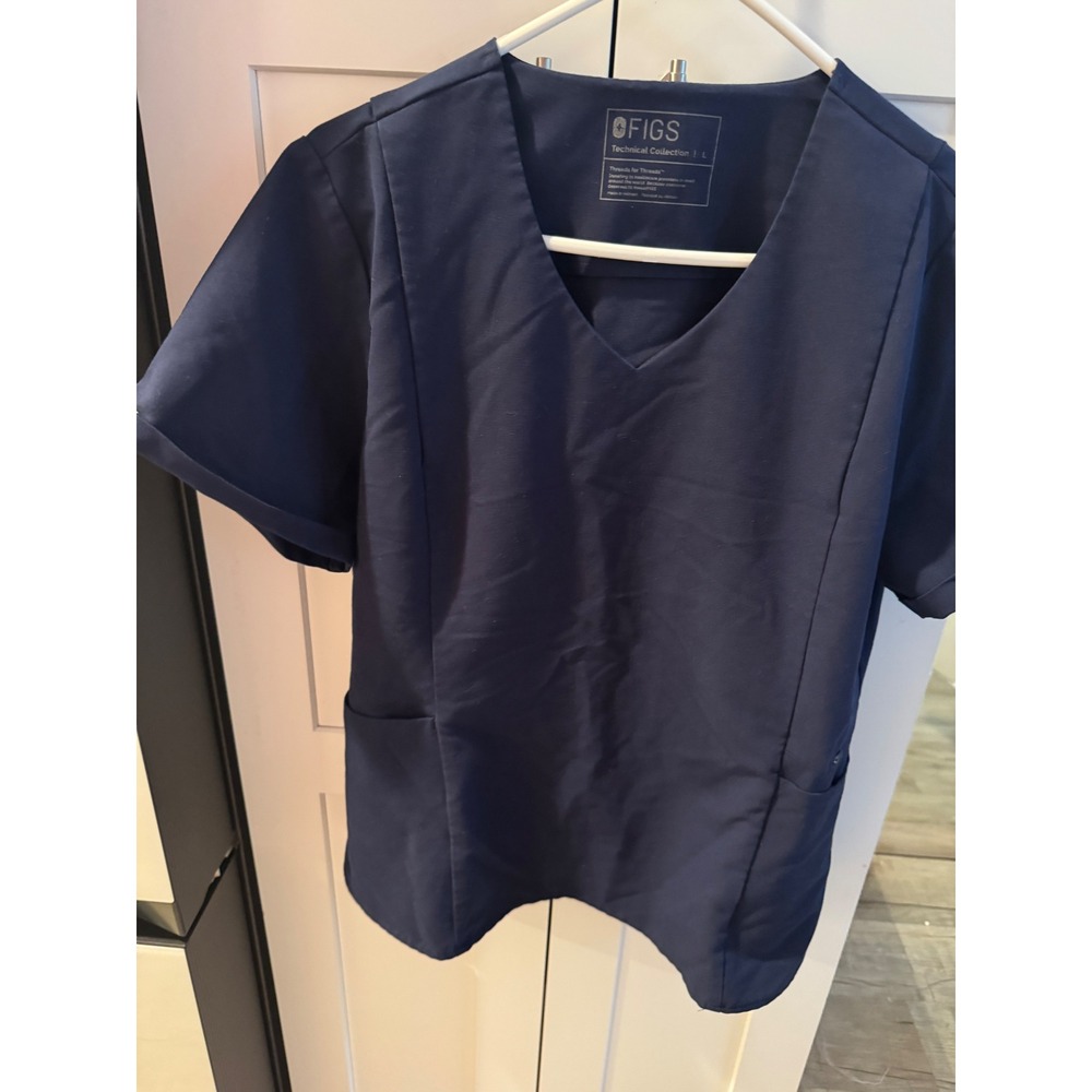 FIGS Technical Collection Navy‎ Blue V-Neck Scrub Top Womens Large Short Sleeve